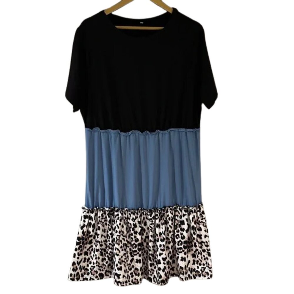 Black, Blue & Leopard Print Colorblock Ruffle Dress